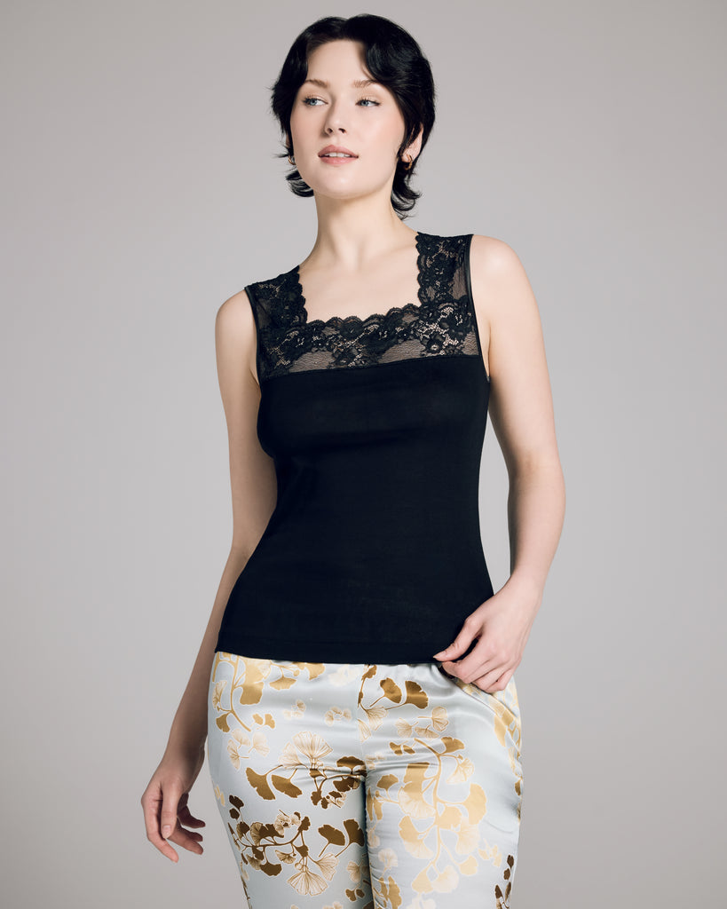 Boglietti's black Gilda camisole is crafted from a lightweight knit mercerized cotton with fashion-forward lace detailing
