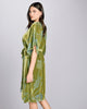 Elegant Faberge robe from Christine Vancouver is crafted from a chartreuse green silk velvet with an ice blue Art Nouveau-inspired floral burnout pattern
