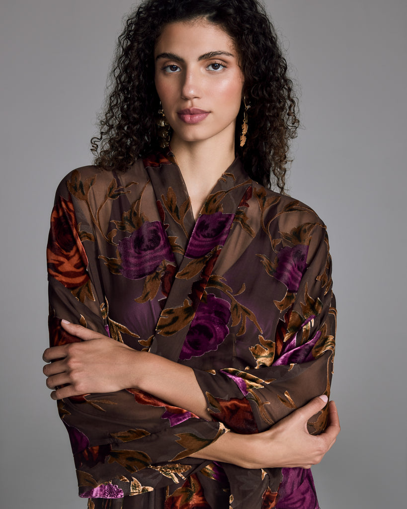 Classic Carmen long robe from Christine Vancouver is crafted from a sheer espresso brown silk chiffon with burnout rose devoré in shades of orange and purple