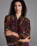 Classic Carmen long robe from Christine Vancouver is crafted from a sheer espresso brown silk chiffon with burnout rose devoré in shades of orange and purple