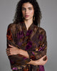 Classic Carmen long robe from Christine Vancouver is crafted from a sheer espresso brown silk chiffon with burnout rose devoré in shades of orange and purple