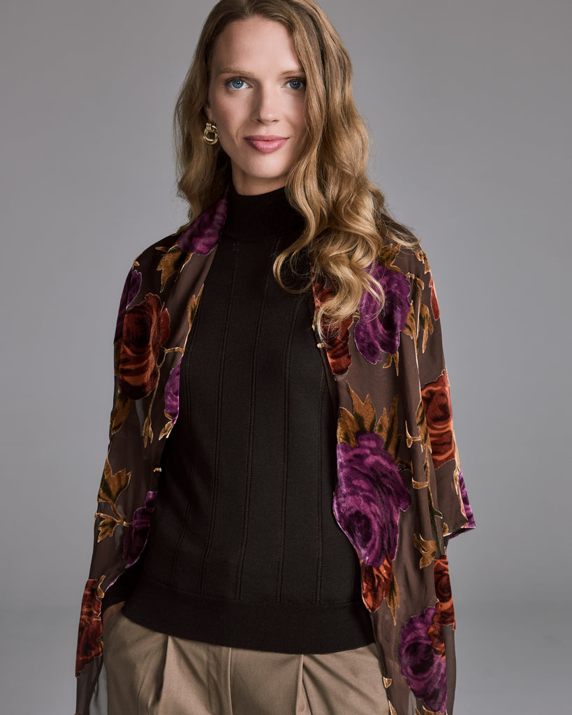 Classic triangular scarf from Christine Vancouver is crafted from a sheer espresso brown silk chiffon with burnout rose devoré in shades of burnt orange, terra-cotta and plum
