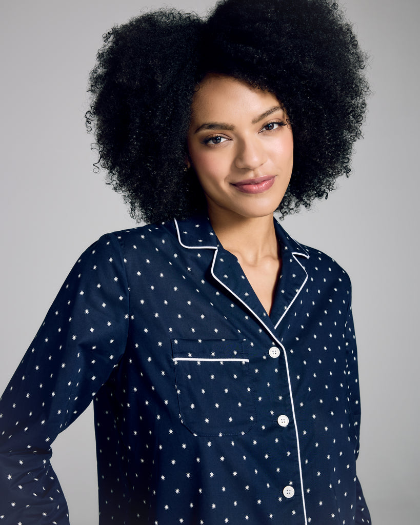 Classic Nelson pajama from Derek Rose is crafted from navy blue cotton batiste patterned with delicate white stars