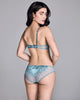 The Astri brief from Emma Harris is unique and seductive with an appliquéd silk front and gusset and pleated sheer mesh at the cheeky rear