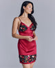 The Kalea slip from Emma Harris has sheer black lace at the cups and inset at the back and bottom of the skirt, the remainder is a rich red stretch silk