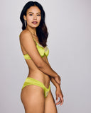Emma Harris Rochelle Lime lingerie set is crafted from a neon lime green stretch silk with shimmering gold lace appliqué