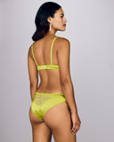 The Rochelle Lime brief from Emma Harris is mid rise with an elasticized waist, lace appliqué and a silk-lined gusset