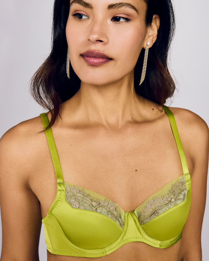 Shaped underwired Rochelle Lime bra from Emma Harris has silk lined cups with lace trim, adjustable straps, and an embellished multi-hook band