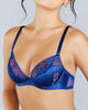 The Veronique Cobalt underwired plunge bra from Emma Harris has shaped silk-lined cups with lace appliqué and adjustable silk spaghetti straps