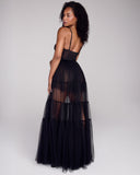 Tiered Simone circle-skirt design from FrancesKa begs to twirl, with an additional short layer of tulle for slight modesty