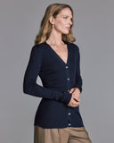 Classic Jeune fine ribbed cardigan sweater from John Smedley is crafted from a temperature regulating deep navy blue extra fine merino wool