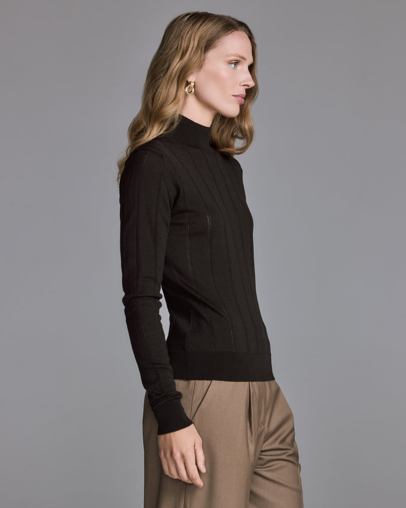 Classic lightweight Venecia sweater from John Smedley is crafted from a temperature regulating dark brown extra fine merino wool with ladder stitch detailing throughout