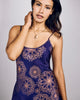 Silk slip dress from Karma on the Rocks is crafted from a purple silk twill with a rose gold print