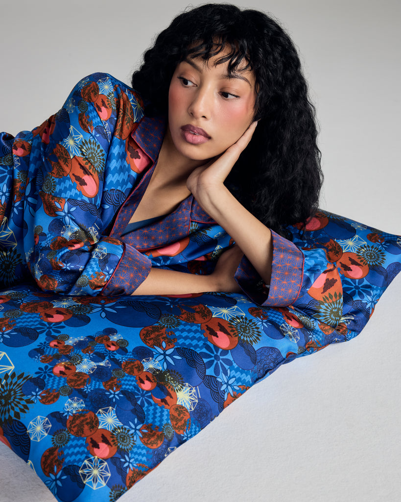 Karma on the Rocks Tama Blue King Size Silk Pillowcases