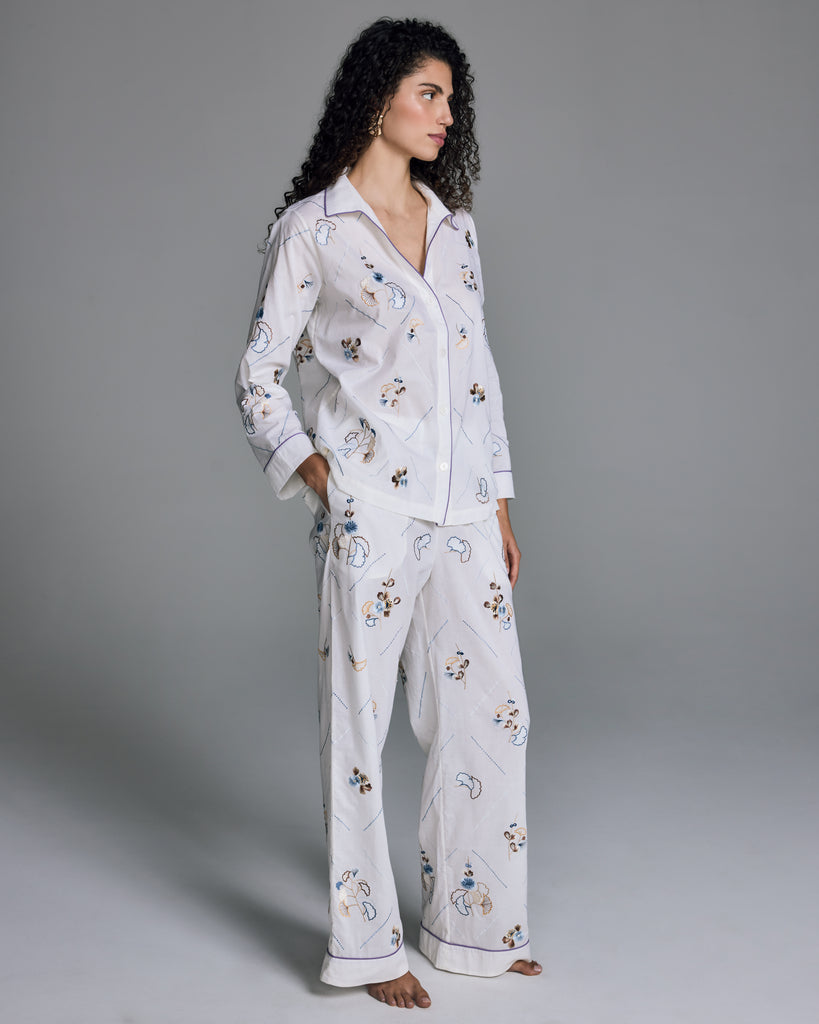 The Tokyo cotton pajama from Karma on the Rocks has a tailored button-down shirt and matching trouser 