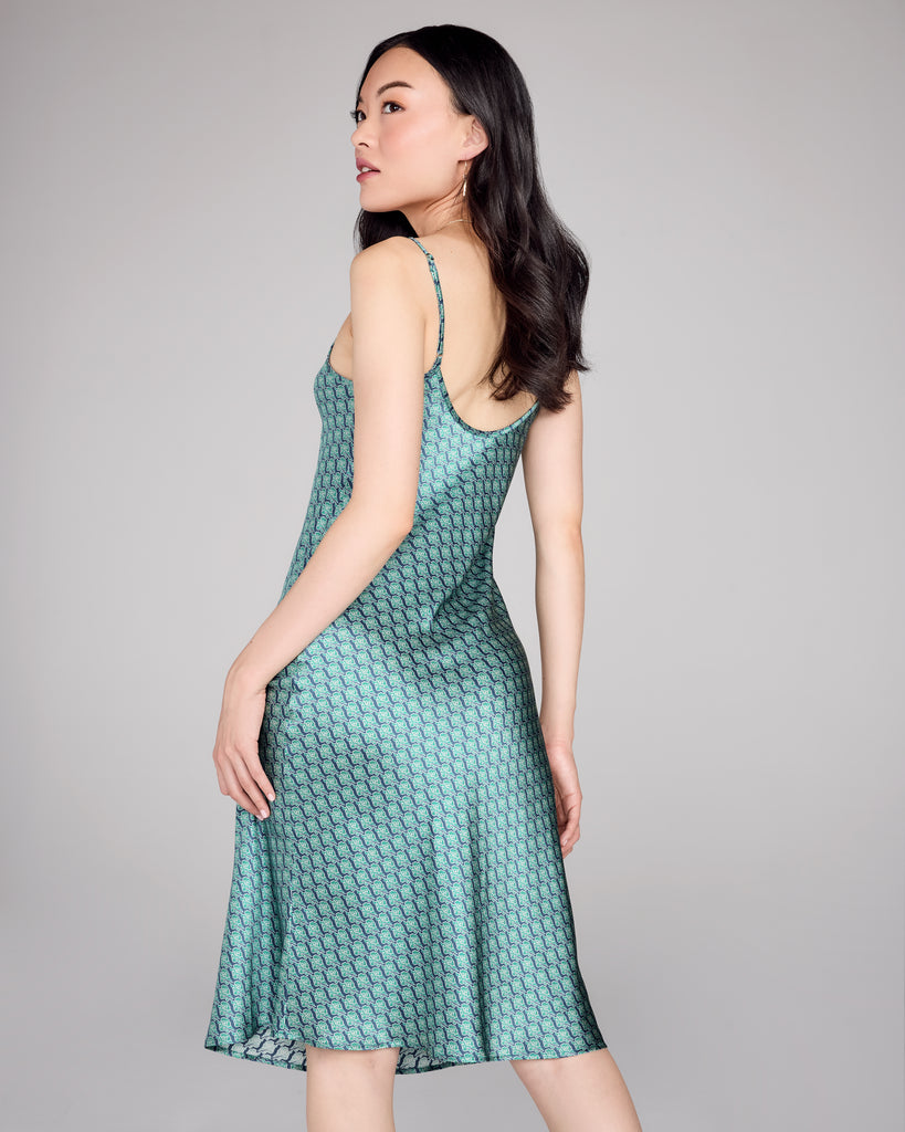 The Edo silk slip dress from Karma on the Rocks hits below the knee on most, with a scoop neckline and lower scooped back