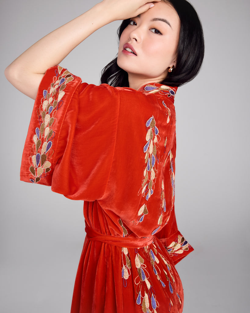 The embroidery on the back of the Nikko Red Velvet Kimono from Karma on the Rocks is also appliquéd for a three dimensional effect