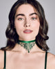 Cassiopeia Emerald choker necklace from Karolina Laskowska is crafted from sheer green and silver scalloped French lace with a silk satin binding at the front and a coordinating vintage Swarovski crystal pendant