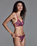 Eos Primaria Couture lingerie set is from Karolina Laskowska crafted from a unique blue and red lace paired with sapphire blue mesh and silk and hand-dyed red elastics
