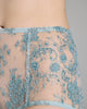 Fanciful Ephyra high-waisted panty from Karolina Laskowska is crafted from a deadstock seafoam Sophie Hallette lace lavishly embellished with seafoam and silver sequins
