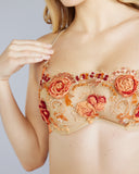 Karolina Laskowska Tagetes luxury lingerie set is crafted from a beautiful hand-embellished lace with ribbonwork roses, beading and sequins in shades of beige, orange, red, pink and gold