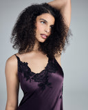 The Passion Violet chemise from Merle Noir has a v neckline with thin adjustable spaghetti straps