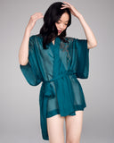 Exquisite short sleeved robe from Merle Noir is crafted from a whisper-weight teal silk chiffon with navy and gold lace appliqué