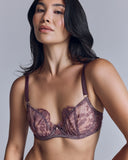 Underwired Aurelia Berry bra from Seelanii has sheer cups, adjustable custom-dyed purple shoulder and back straps, and a gold-toned back closure