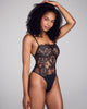 Classic Yuvi Kawano bodysuit is crafted of transparent black lace 