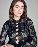 Black Daisy jacket from Zambak showcases soft leather flowers individually stitched to sheer black tulle