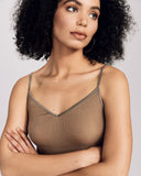 Classic camisole from Aromatique is crafted from superfine knit ribbed silk in a neutral bronze-gold, semi-sheer, lightweight and cut to hug every curve
