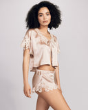 Emma Harris Clara Vintage rose ed Jacket is crafted from vintage rose pink silk with matching shimmering floral lace appliqué