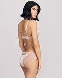 The Clara Vintage Rose brief panty from Emma Harris is sleek and comfortable with lace appliqué and mesh insets, silk lined gusset