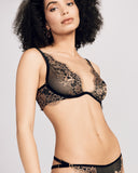 Tayla plunge lingerie set from Herve by Celine Marie is crafted from ultra-soft transparent black mesh with floral lace appliqué in shades of rose gold and gold