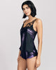 Exquisite Nocturne silk twill camisole and tap pant set from Karolina Laskowska and Merle Noir showcases a floral pattern in shades of black, purple, and white