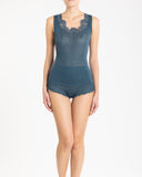 Boglietti's Lolita teal camisole features wide bra-friendly straps and macrame lace detailing at the scoop neckline