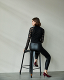 Aromatique black ribbed cotton top with transparent lace sleeves