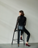 Aromatique black ribbed cotton top with transparent lace sleeves
