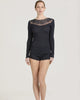 The front neckline on Boglietti's Fiorenza top has a wide panel of inset shimmering embroidered sheer tulle in shades of navy and silver, giving it a boat neck effect