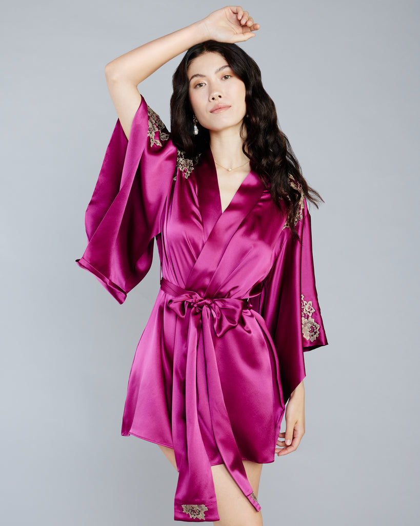 Emma Harris Celeste Raspberry Silk Kimono Robe
