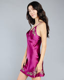 The Celeste Raspberry slip from Emma Harris is bias cut with adjustable spaghetti straps and pleated cups for fit