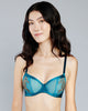 Underwired Elsa bra from Emma Harris has sheer double-layered teal tulle cups with a center seam for fit, with gold lace applique and teal silk banding at the upper cups