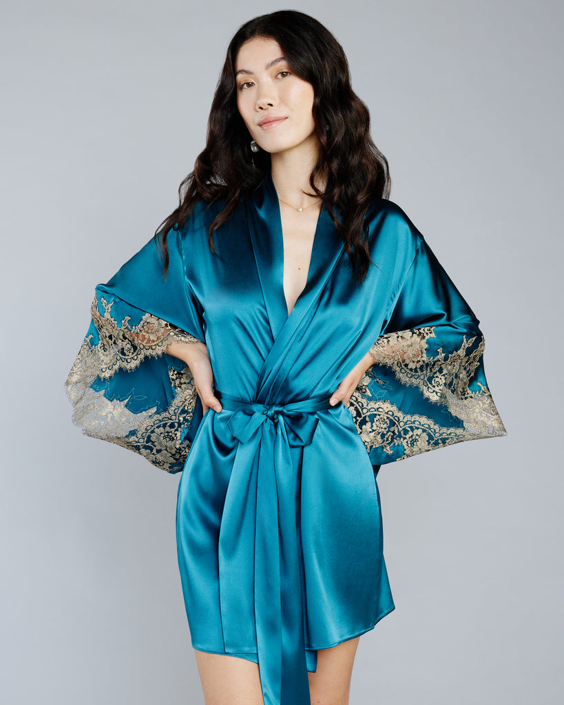 Emma Harris Elsa Teal Silk Kimono Robe