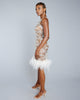 Champagne in Venice shift dress from Gilda & Pearl showcases sparkling silver embroidery on a sheer white net fabric 