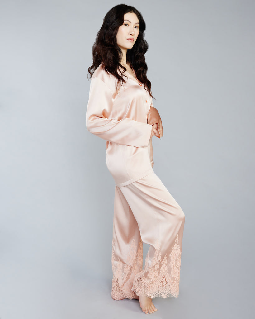 Decadent silk pajama from Layalina is crafted from a pale pink Italian silk with matching lace appliqué