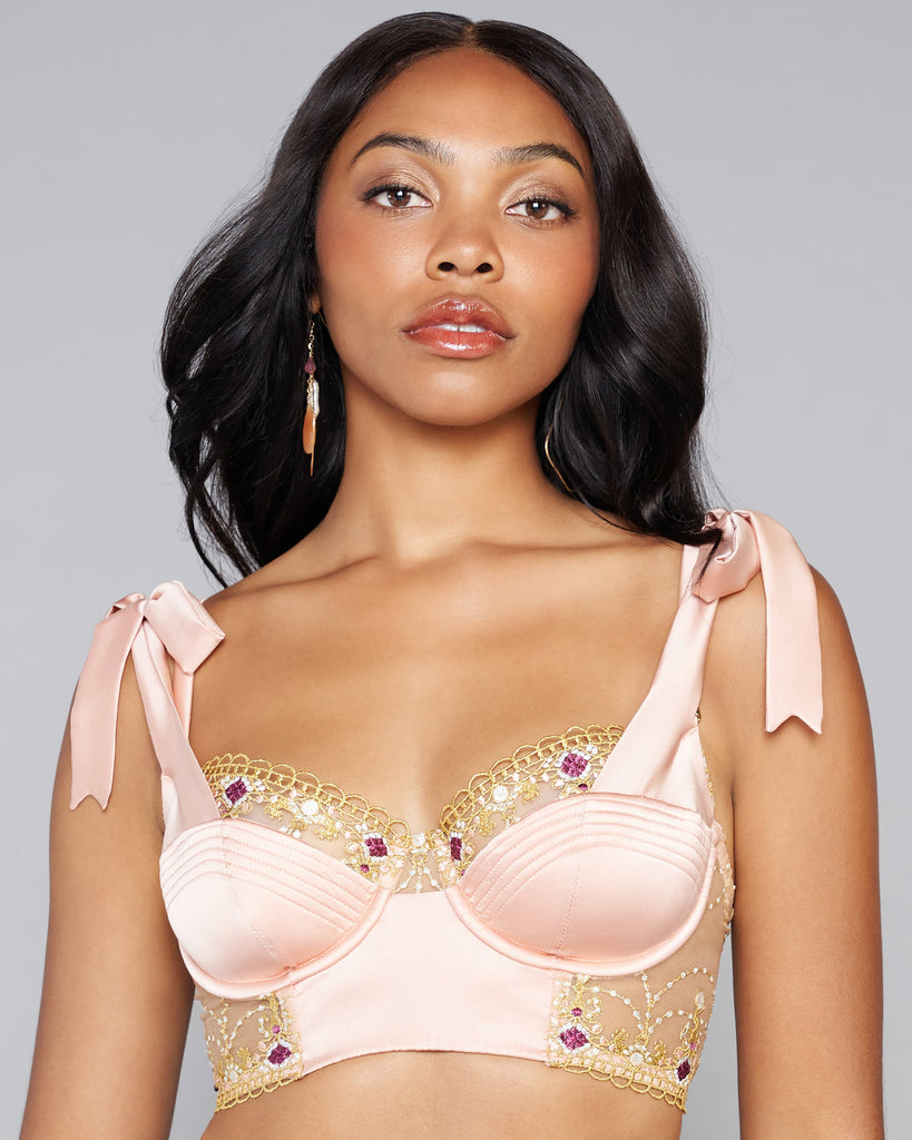 Underwired longline Adela bra from Studio Pia has slightly molded cups with quilted details and embroidered accents at the cups and band
