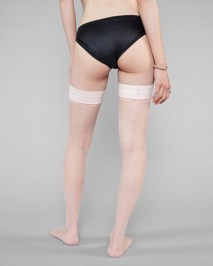 French blush stay-up Ivresse stockings from Barazandeh are hand stitched from a fine French voile produced by craftsmen since the 1920's