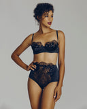 Black silk & lace lingerie set from Camille Roucher is embellished with hand-stitched black silk flowers, each affixed with a tiny burgundy glass bead