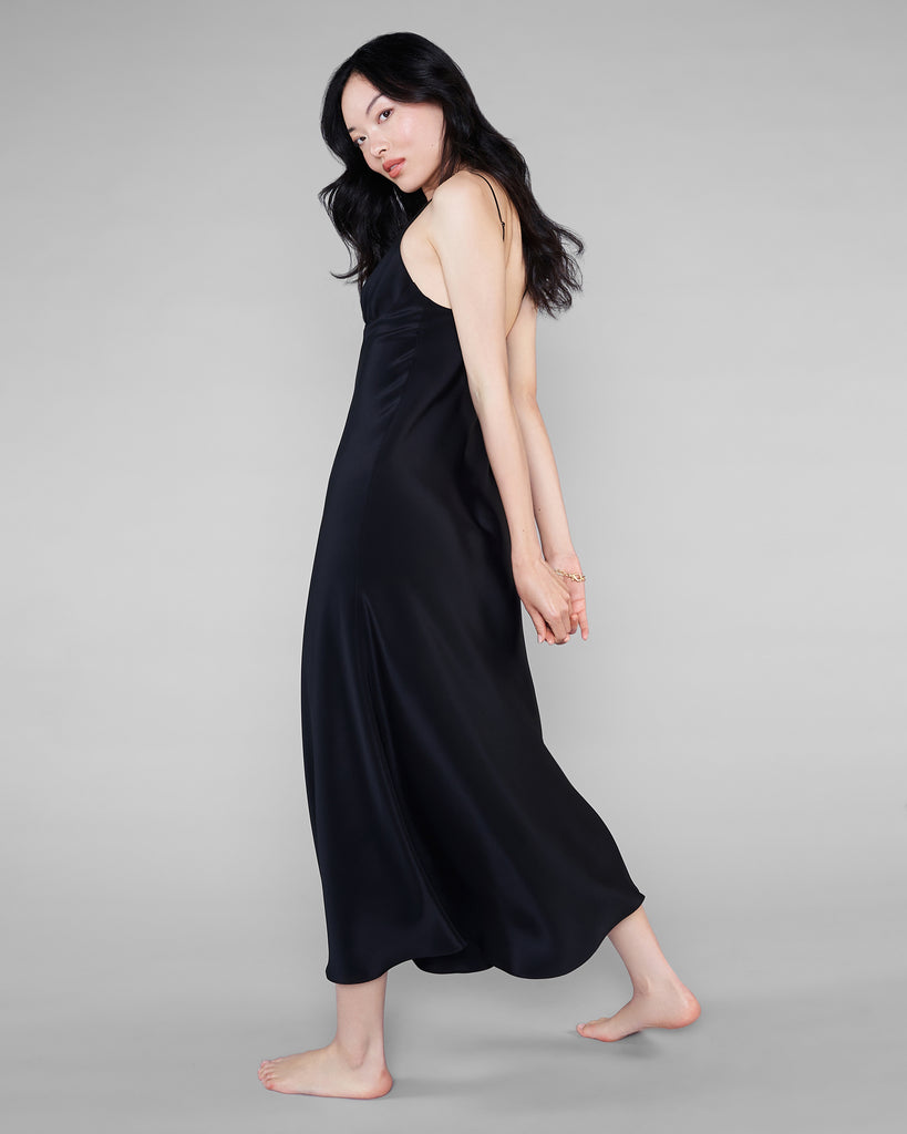 Classic black gown from Christine Vancouver is crafted from a heavy weight 30 momme silk crepe
