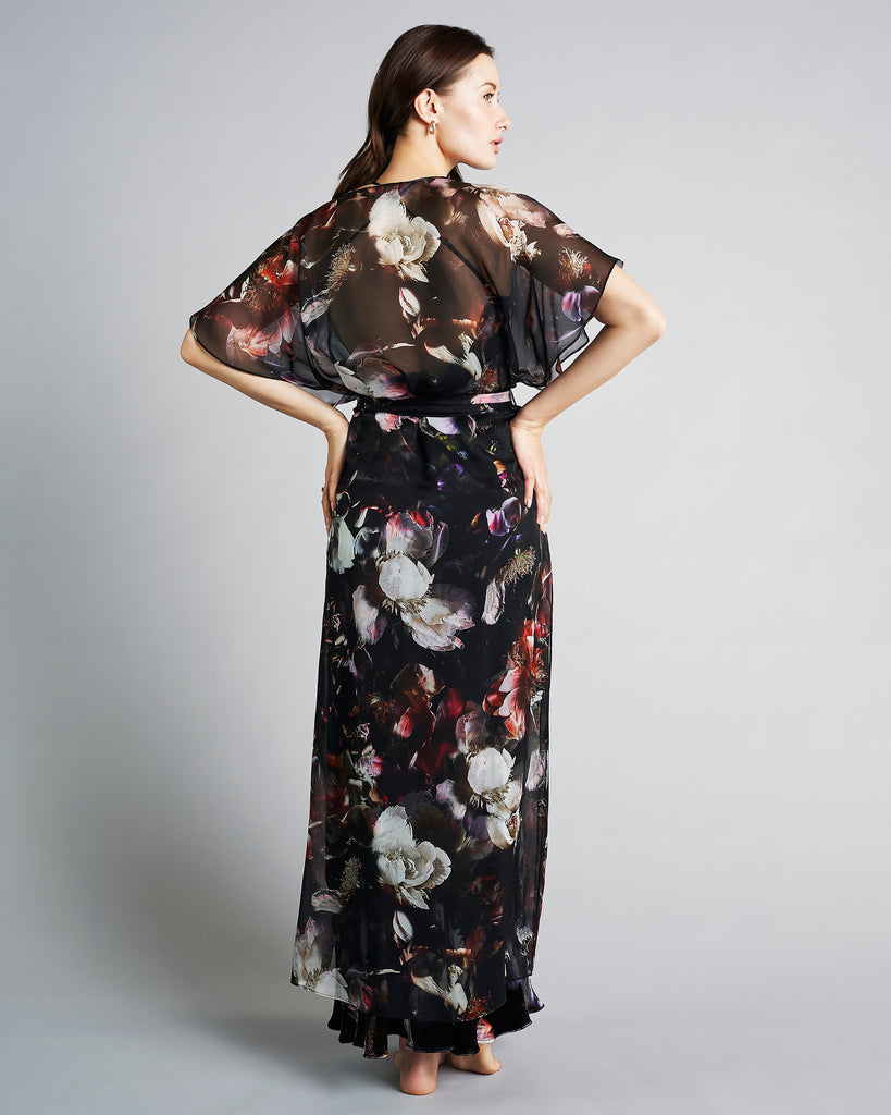Christine Vancouver's Moonlight  chiffon robe has 3/4 length with high slits on both legs, short flutter sleeves, and a matching exterior silk belt